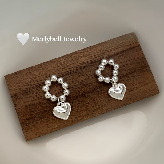 S925 Sterling Silver Beaded Heart Earrings