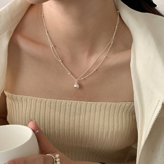 S925 Sterling Silver Double-layer Irregular Round Bead Necklace, Layered Collarbone Chain for Women