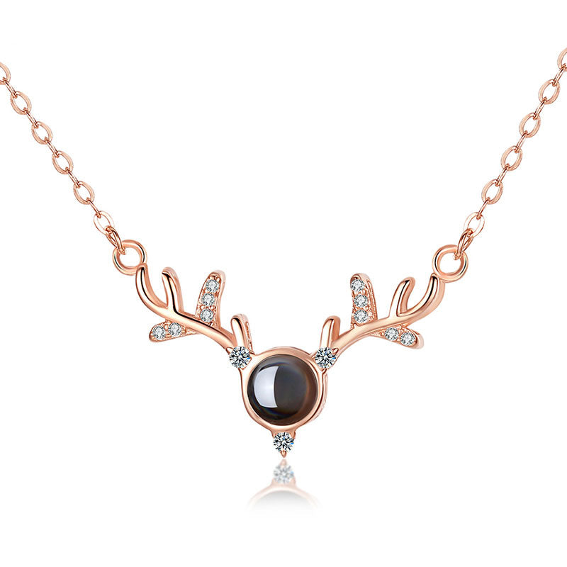 Collar de proyección en 100 idiomas con cuernos de ciervo y dije “Te amo”, cadena para clavícula, joyería de plata