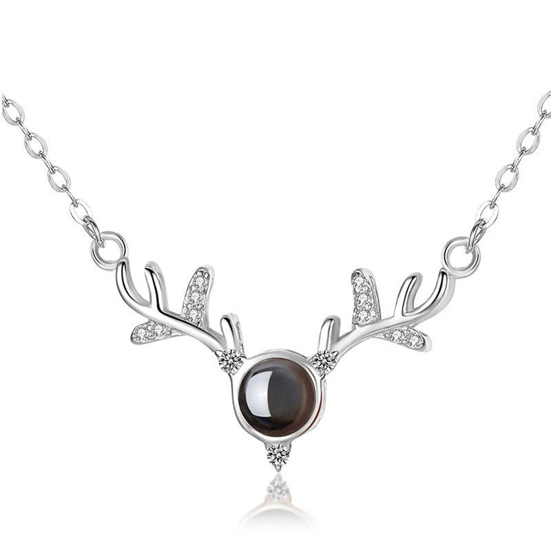 Collar de proyección en 100 idiomas con cuernos de ciervo y dije “Te amo”, cadena para clavícula, joyería de plata