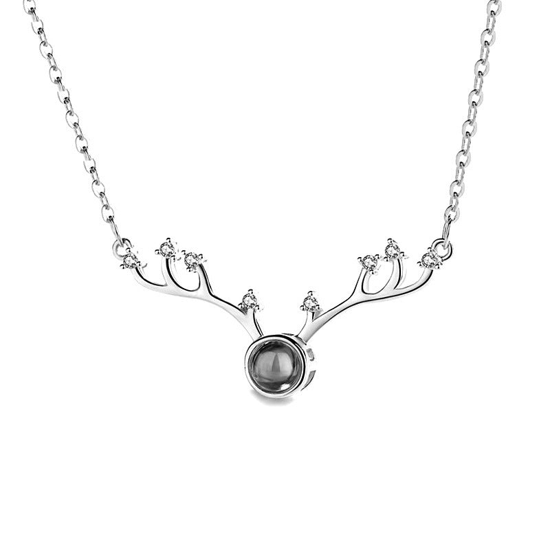 Collar de proyección en 100 idiomas con cuernos de ciervo y dije “Te amo”, cadena para clavícula, joyería de plata