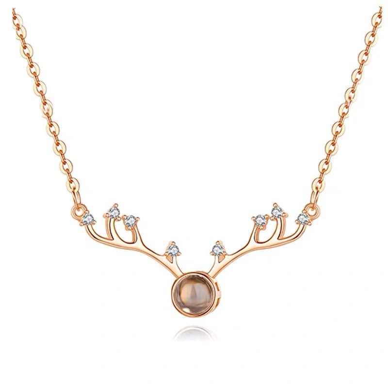 Collar de proyección en 100 idiomas con cuernos de ciervo y dije “Te amo”, cadena para clavícula, joyería de plata
