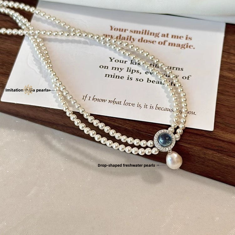 S925 Sterling Silver Natural Aquamarine High-quality Artificial Pearl Double-layer Necklace for Women's Collarbone Chain