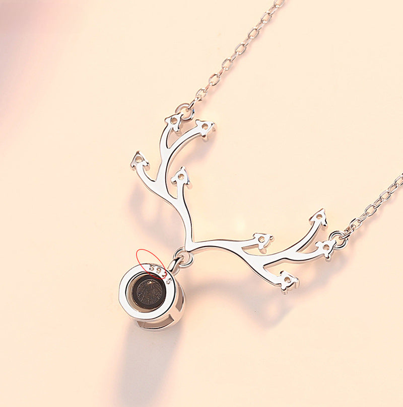 Collar de proyección en 100 idiomas con cuernos de ciervo y dije “Te amo”, cadena para clavícula, joyería de plata