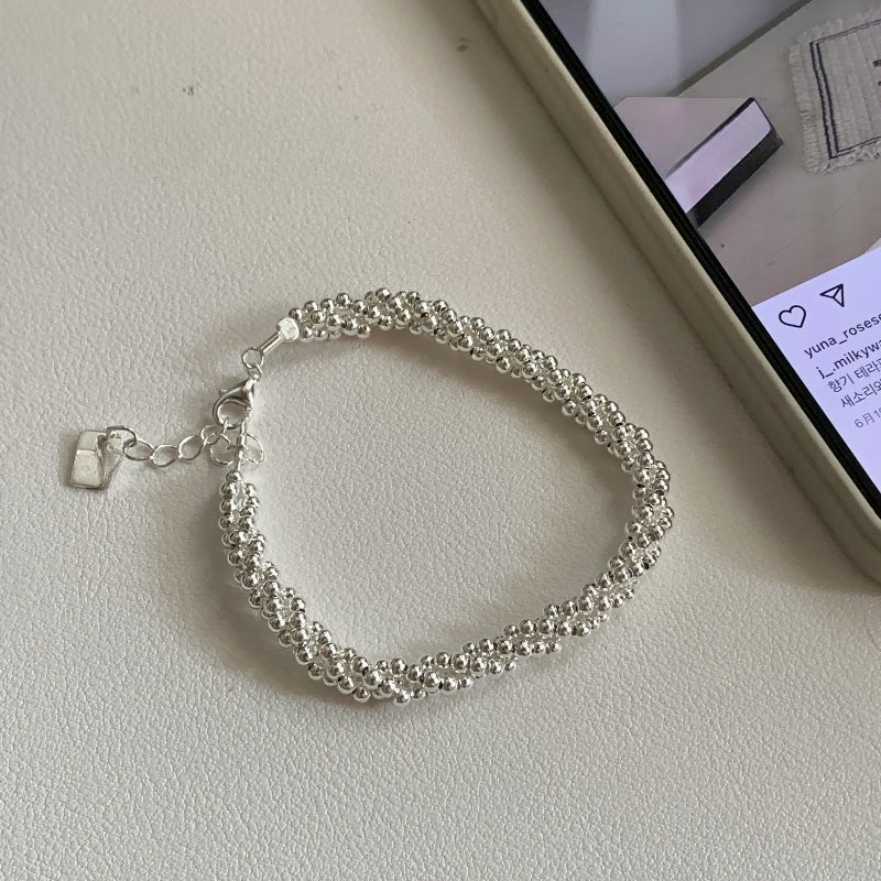 Handmade S925 Sterling Silver Simple Triple Bead Chain Wrapped Bracelet