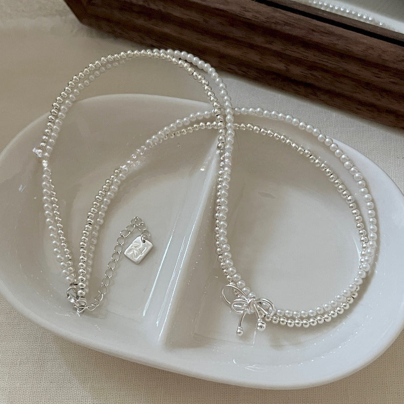 S925 Sterling Silver Bow Double Layered White Pearl Necklace Layered with High-end Collarbone Chain