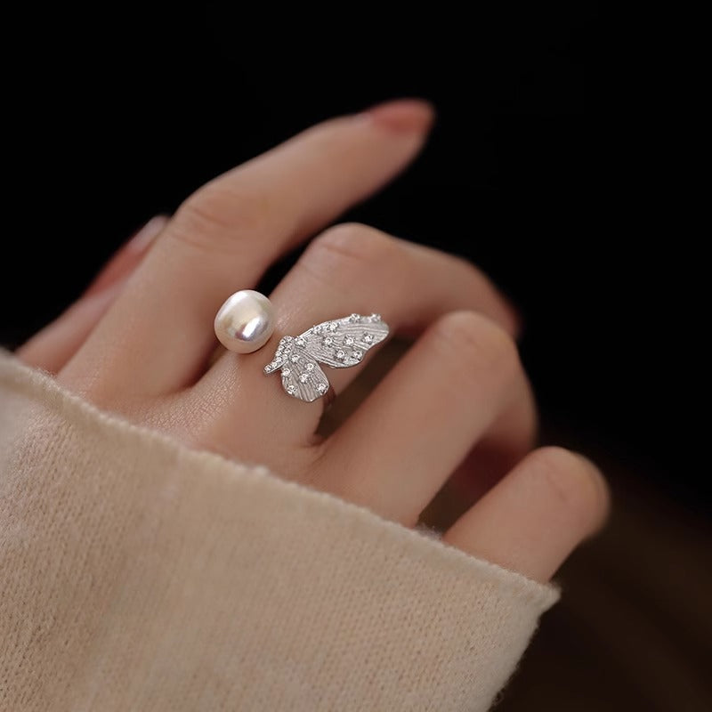 S925 Pure Silver Natural Freshwater Pearl Butterfly Ring for Women with Adjustable Opening