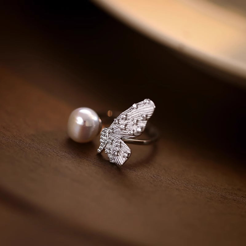 S925 Pure Silver Natural Freshwater Pearl Butterfly Ring for Women with Adjustable Opening