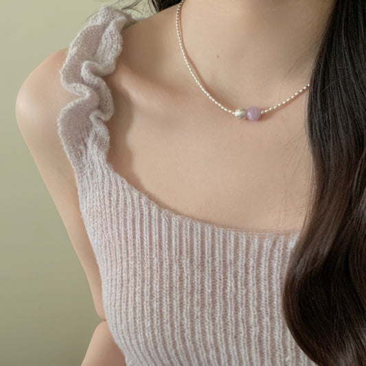 S925 Sterling Silver Rice Grain Amethyst Texture Bead Necklace Collarbone Chain