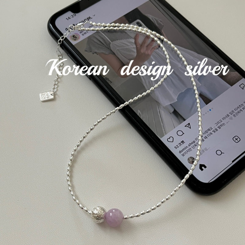 S925 Sterling Silver Rice Grain Amethyst Texture Bead Necklace Collarbone Chain