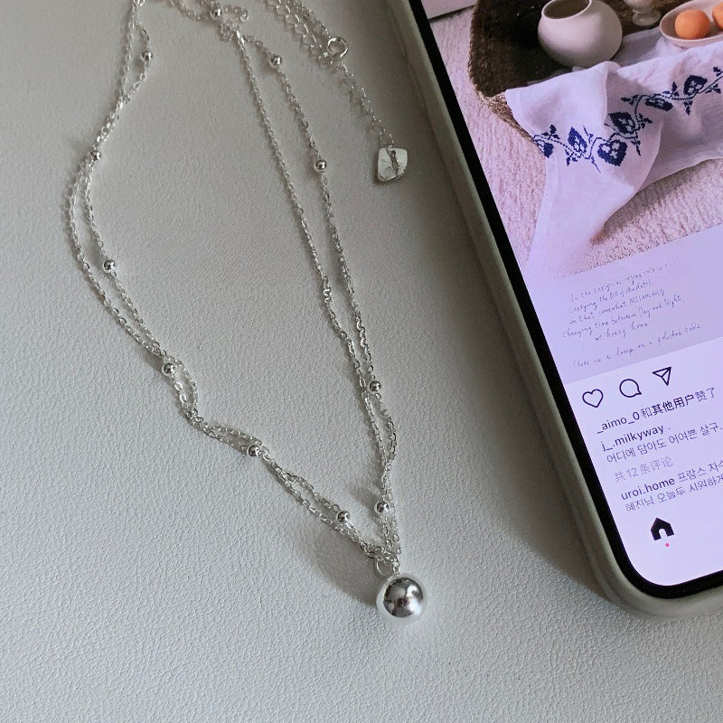 S925 Sterling Silver Double-layer Irregular Round Bead Necklace, Layered Collarbone Chain for Women