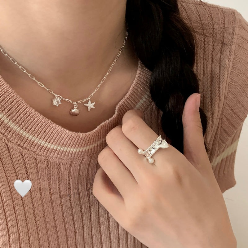 S925 Pure Silver Starfish Shell Inlaid Diamond Necklace for Women, Layered Collarbone Chain