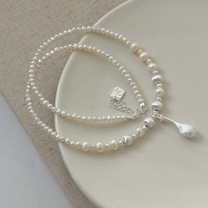 S925 Sterling Silver Brushed Water Droplet Pearl Necklace, Layered and High-end for Women