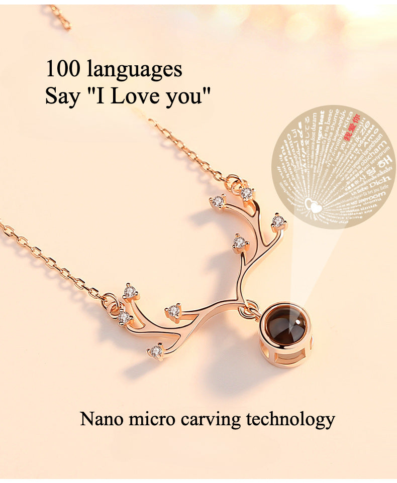 Collar de proyección en 100 idiomas con cuernos de ciervo y dije “Te amo”, cadena para clavícula, joyería de plata