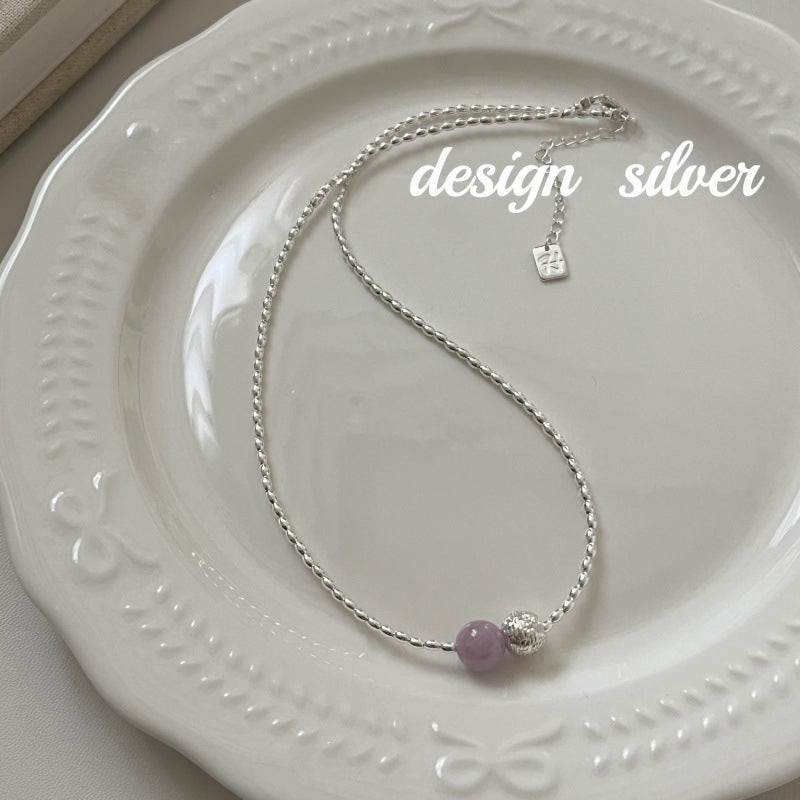 S925 Sterling Silver Rice Grain Amethyst Texture Bead Necklace Collarbone Chain