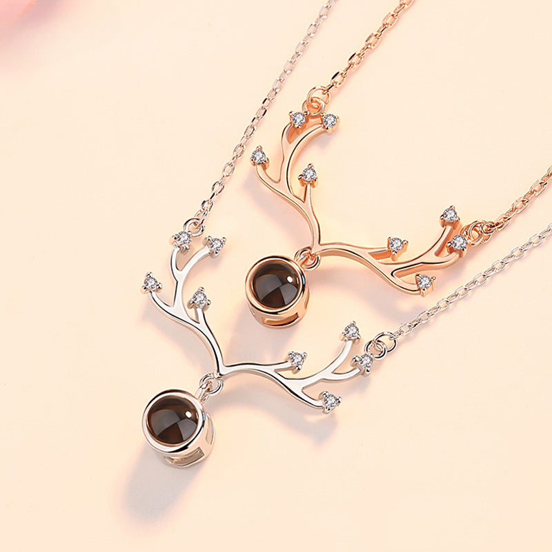 Collar de proyección en 100 idiomas con cuernos de ciervo y dije “Te amo”, cadena para clavícula, joyería de plata