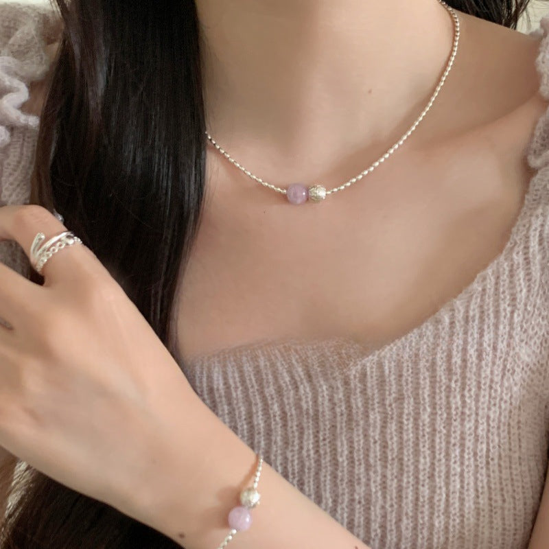 S925 Sterling Silver Rice Grain Amethyst Texture Bead Necklace Collarbone Chain