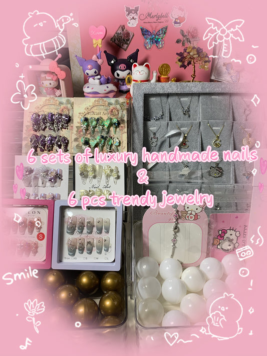 6 Sets Luxury Handmade Nails & 6 Pcs Carton or Trendy Jewelries Mystery Scoop