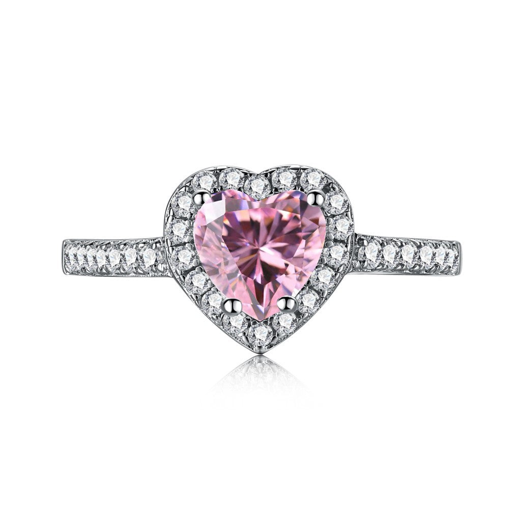 S925 Pure Silver Ring, Women's Water Droplet Fashion Diamond Arrangement, Peach Heart Square Diamond Pink High Carbon Diamond Ring