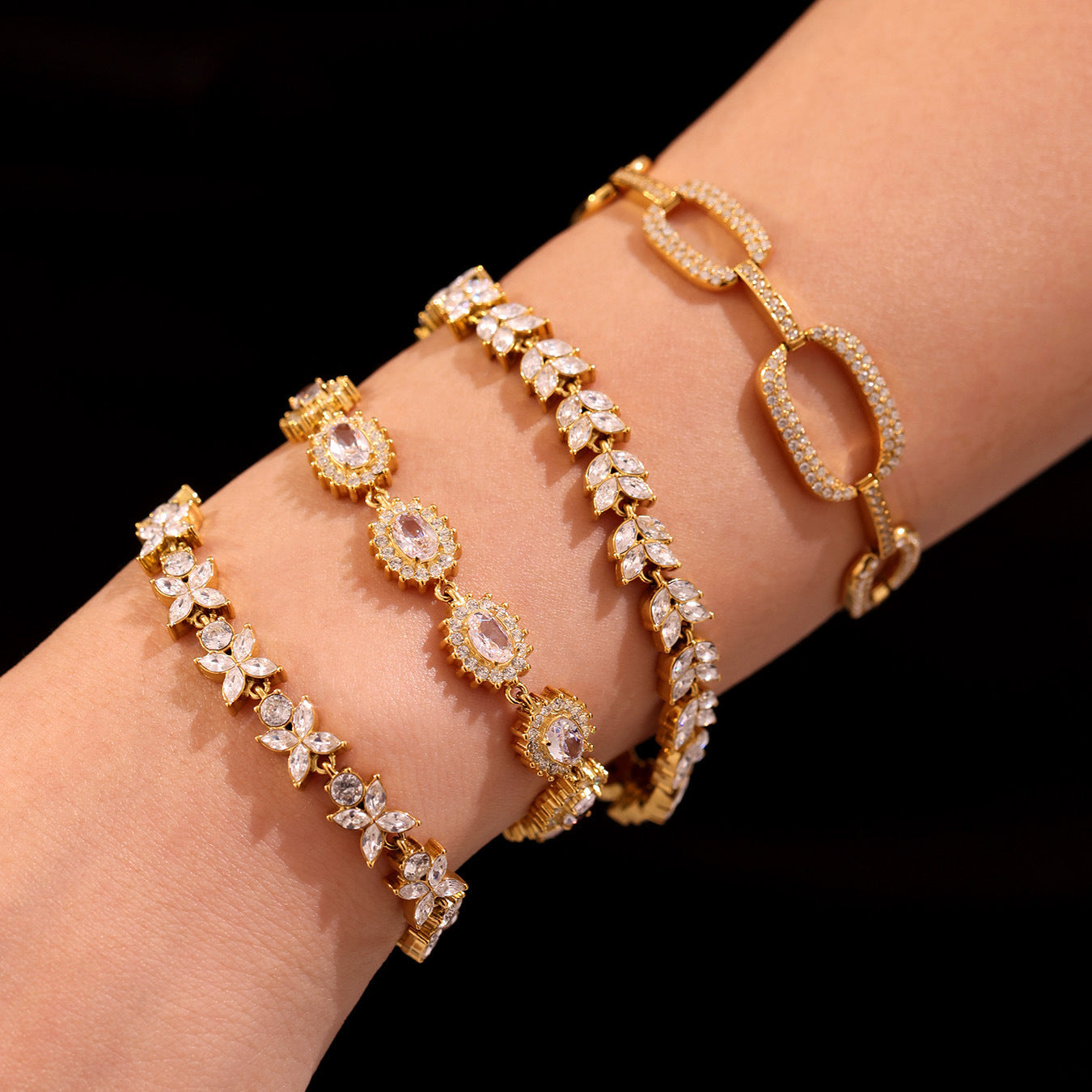 Stainless Steel 5A Zircon Four Leaf Flower Full Diamond Bracelet, New Chinese Style Bracelet Combination
