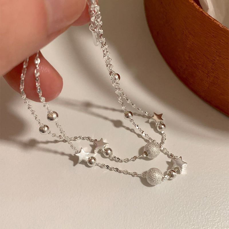 S925 Sterling Silver Double-layer Star Bracelet with Frosted Round Beads