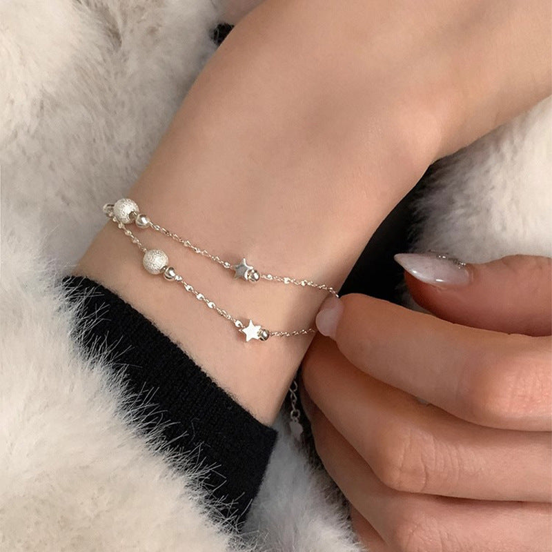 S925 Sterling Silver Double-layer Star Bracelet with Frosted Round Beads
