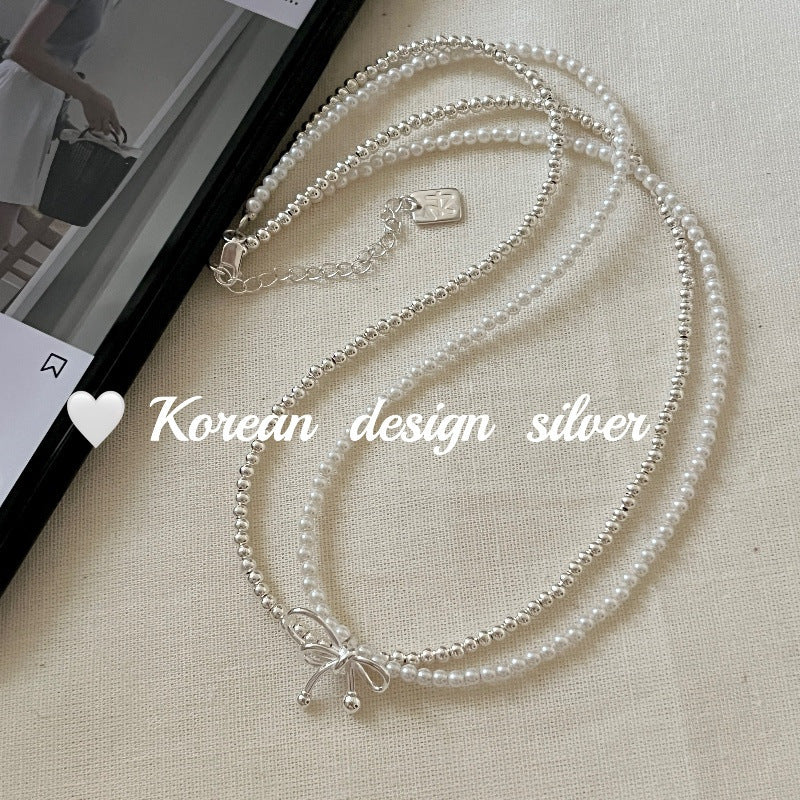 S925 Sterling Silver Bow Double Layered White Pearl Necklace Layered with High-end Collarbone Chain
