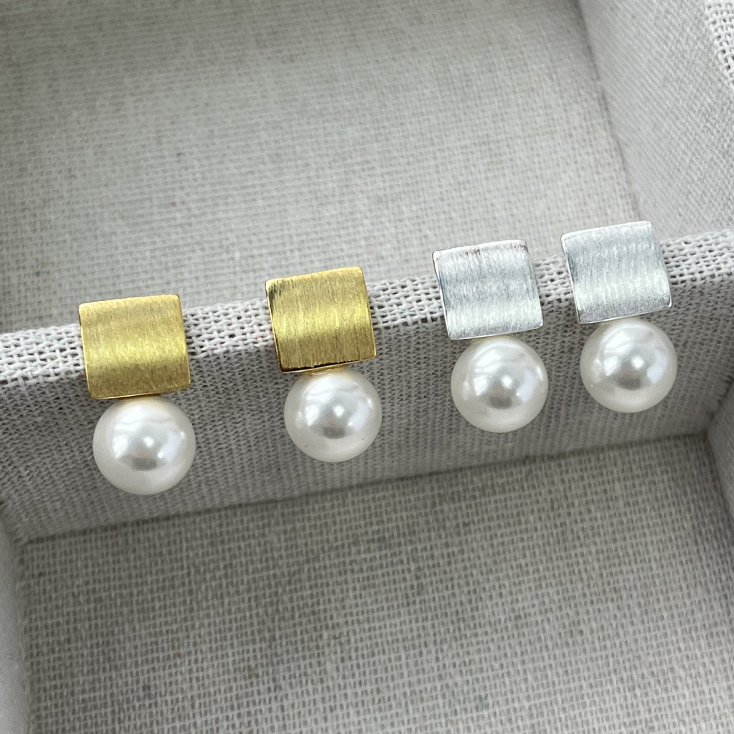 S925 Pure Silver Geometric Earrings French Retro Pearl Square Earrings