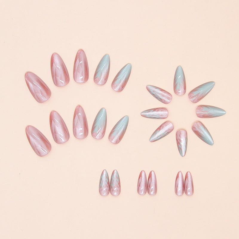 24 piezas de uñas postizas extraíbles para usar, uñas de estilo ojo de gato con degradado de longitud media