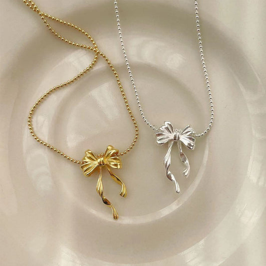 S925 Silver Geometric Ribbon Double Layered Bow Necklace Minimalist Round Bead Collarbone Chain