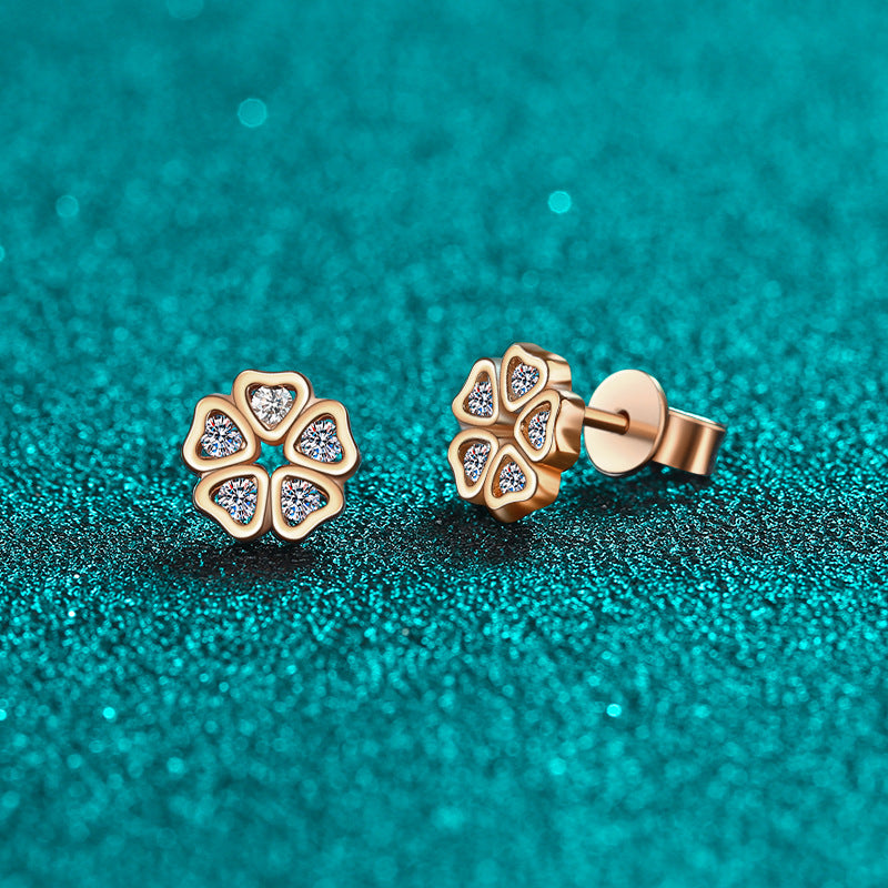 S925 Pure Silver Female Heart Petal Moissanite Champagne Gold Earrings Sweet Style