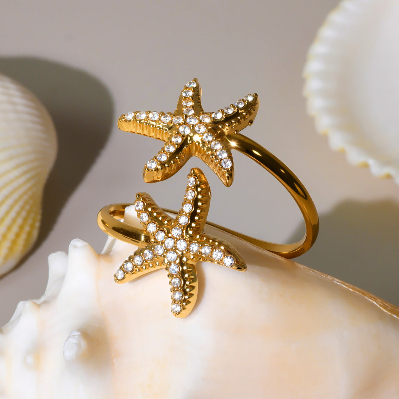 18K Gold Starfish Shell Zircon Open Index Finger Ring Summer Ocean Wind Stainless Steel