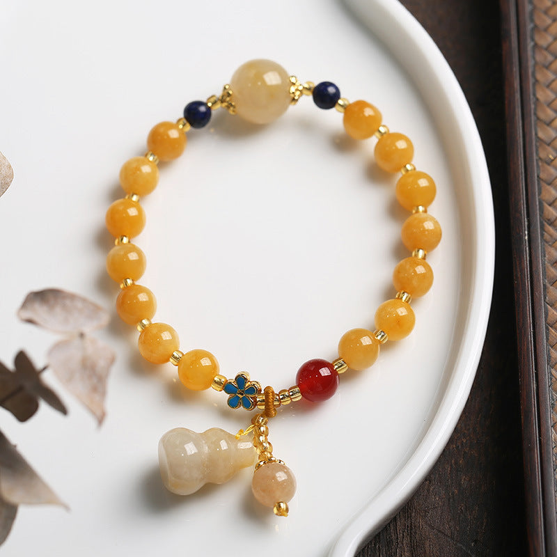 Pulsera de jade de seda dorada natural de Xinjiang, estilo étnico, con nudo de bambú y cuentas de calabaza, pulsera de jade amarillo colgante