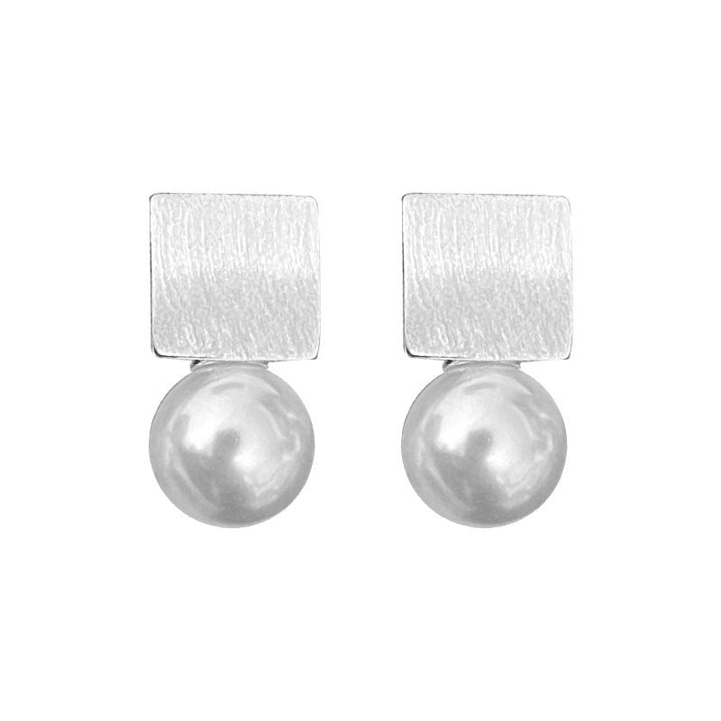 S925 Pure Silver Geometric Earrings French Retro Pearl Square Earrings