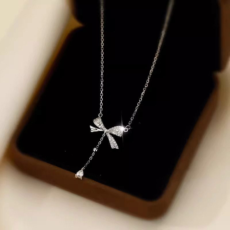 Bow Tassel S925 Sterling Silver Necklace for Girls, Micro Inlaid with Diamonds Pendant, Collarbone Chain