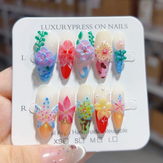 100% Handmade Press On Nail Art Clear Flower Carving Gradient French Ice Transparent High-end
