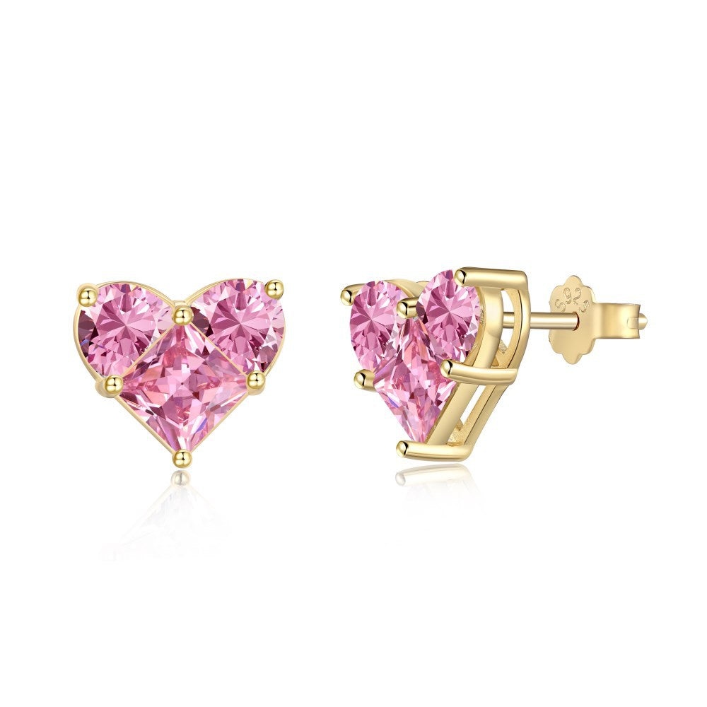 S925 Silver Pink Heart-shaped Zircon Jewelry Necklace Earrings