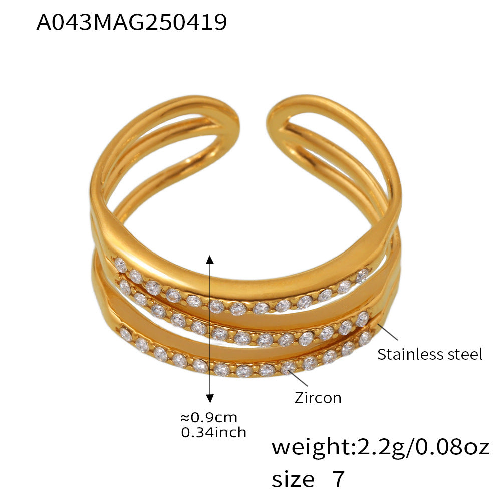5A Zircon Ultra fine Three layer Ring Stainless Steel Vacuum Plated 18K Gold with Adjustable Opening