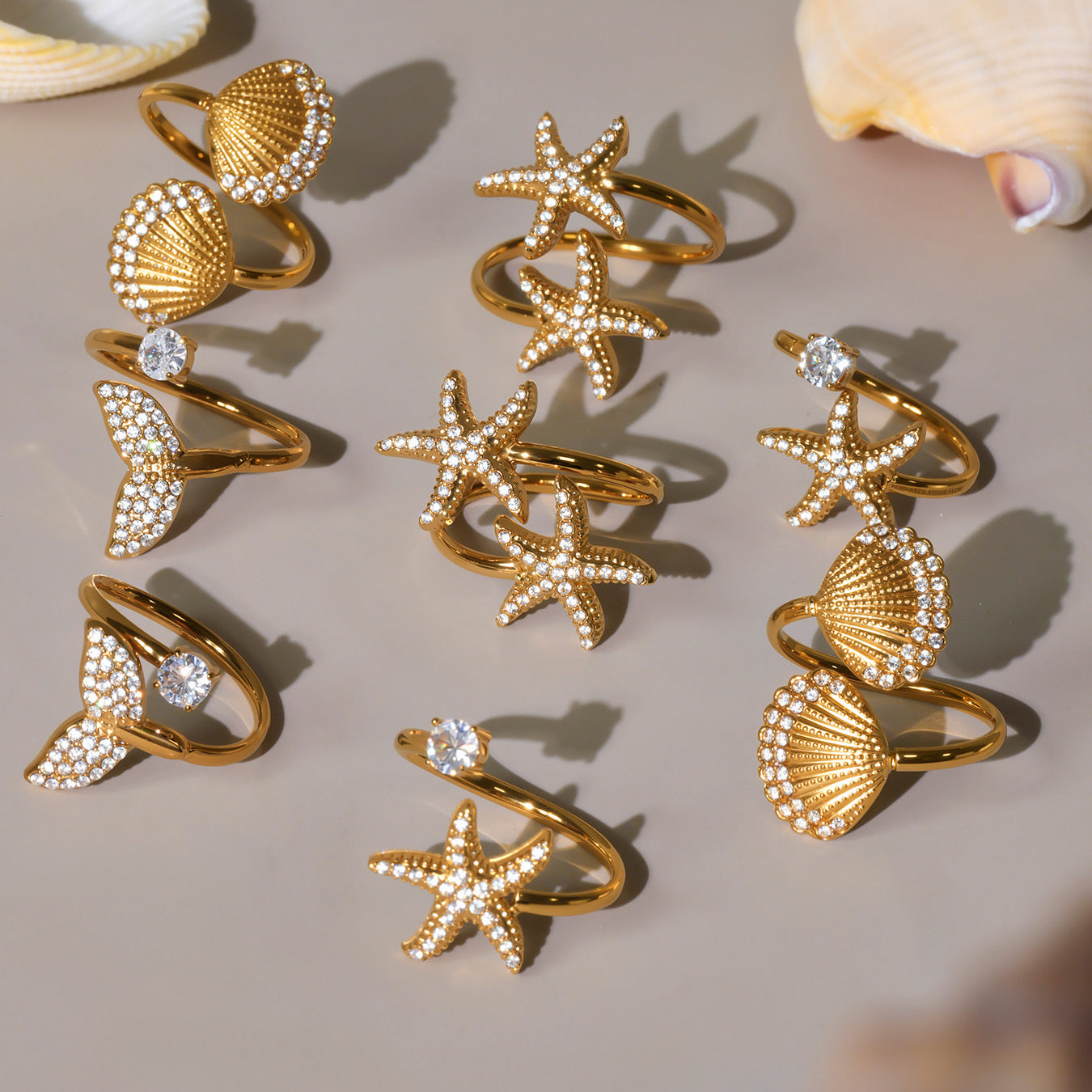 18K Gold Starfish Shell Zircon Open Index Finger Ring Summer Ocean Wind Stainless Steel