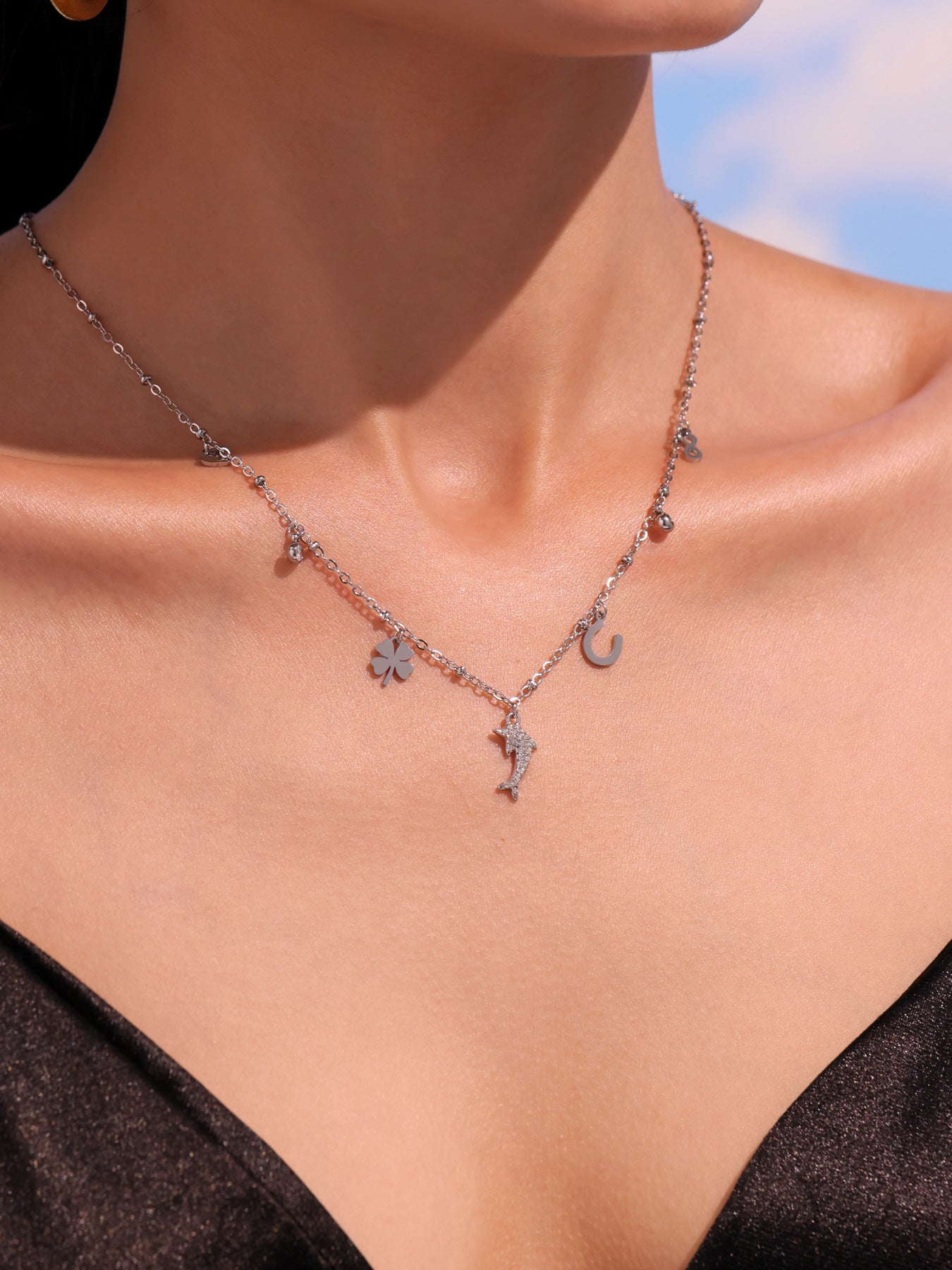 Stainless Steel 5A Zircon Dolphin Collarbone Chain Necklace Jewelry