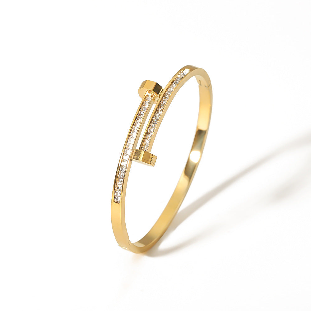 Zircon Bracelet with Roman Numerals, Diamond Pattern, Five-pointed Star, Stainless Steel Plated with Real Gold Jewelry