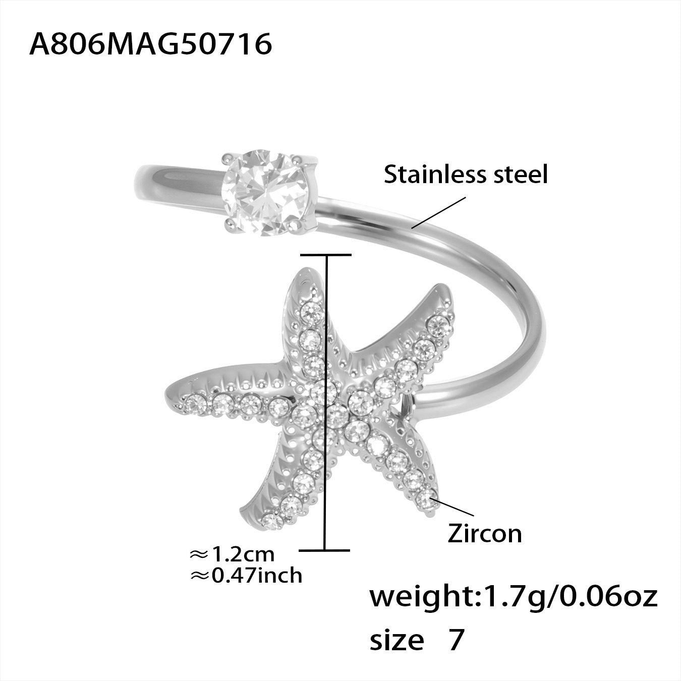 18K Gold Starfish Shell Zircon Open Index Finger Ring Summer Ocean Wind Stainless Steel