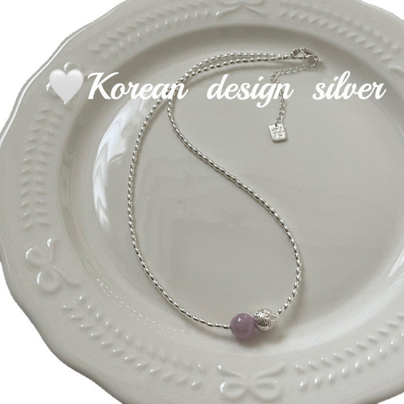 S925 Sterling Silver Rice Grain Amethyst Texture Bead Necklace Collarbone Chain