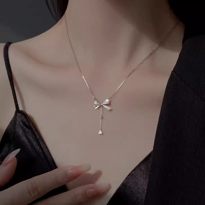 Bow Tassel S925 Sterling Silver Necklace for Girls, Micro Inlaid with Diamonds Pendant, Collarbone Chain