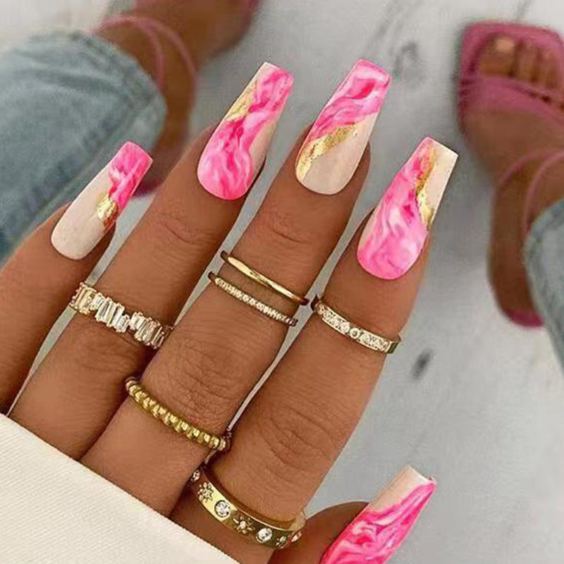 Placa para uñas con efecto de halo de ballet largo, empalme de tinte, polvo dorado brillante, arte de uñas que se puede usar en un segundo