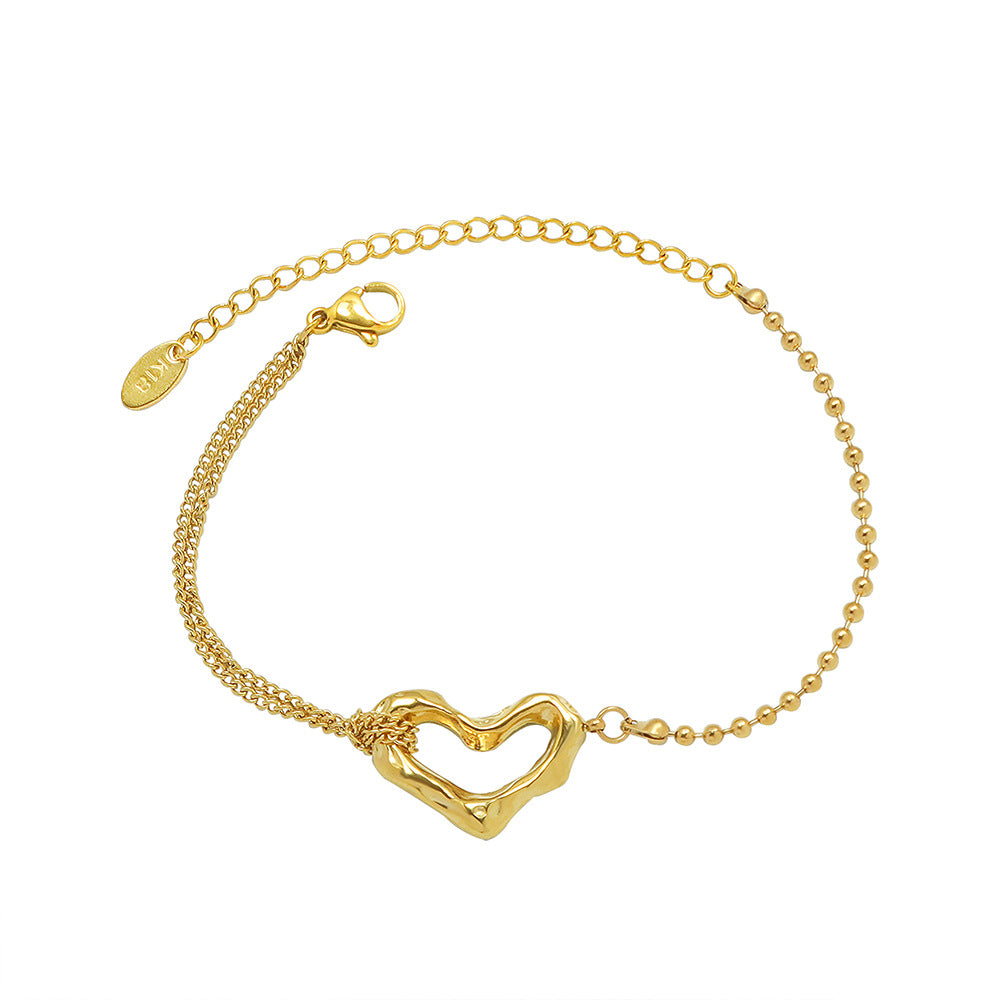 Fashionable and Minimalist Titanium Steel Plated 18k Gold Peach Heart Double-layer Steel Ball Bracelet