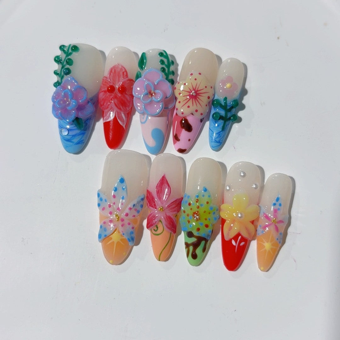 100% Handmade Press On Nail Art Clear Flower Carving Gradient French Ice Transparent High-end