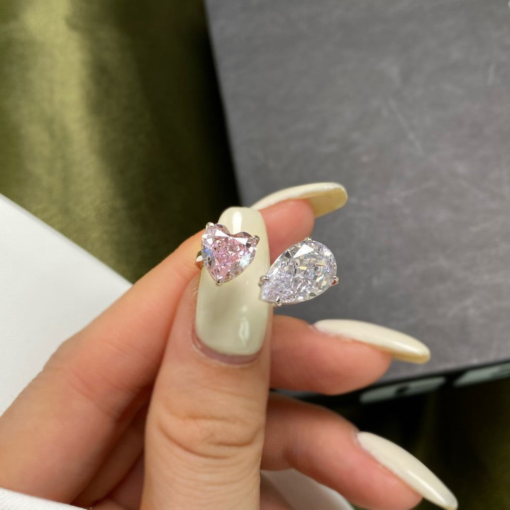 S925 Pure Silver Ring, Women's Water Droplet Fashion Diamond Arrangement, Peach Heart Square Diamond Pink High Carbon Diamond Ring
