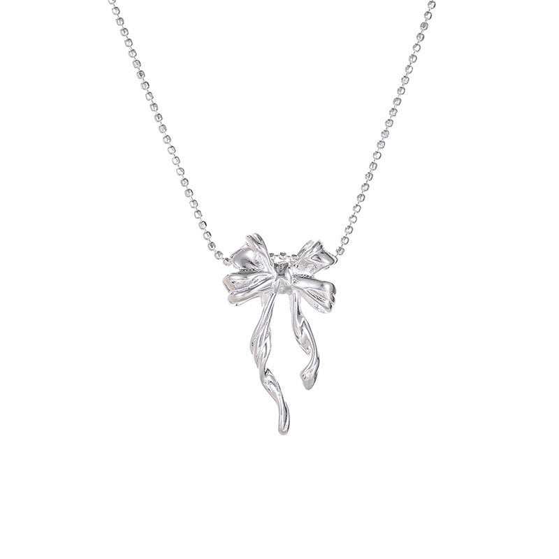 S925 Silver Geometric Ribbon Double Layered Bow Necklace Minimalist Round Bead Collarbone Chain