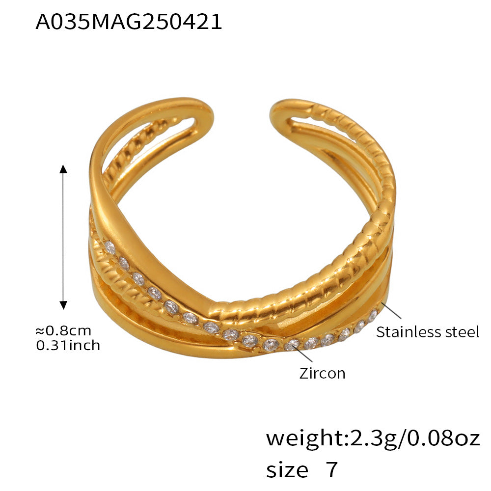 5A Zircon Ultra fine Three layer Ring Stainless Steel Vacuum Plated 18K Gold with Adjustable Opening